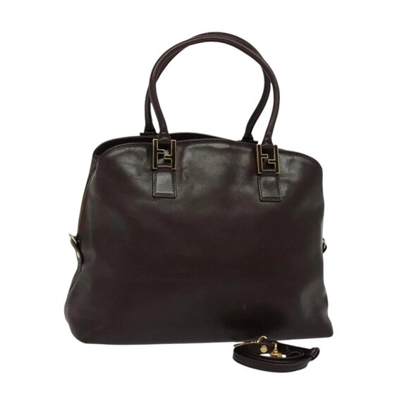 FENDI Hand Bag Leather 2way Brown Gold Auth - Picture 1 of 15